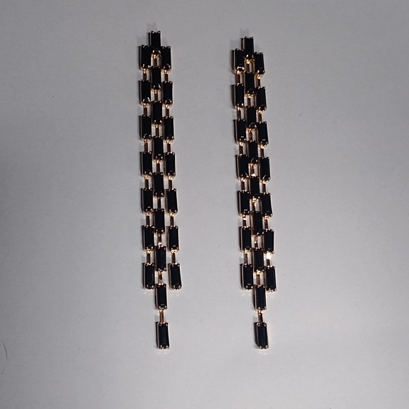 Jewelry - BLack baguette dangle post back earrings 4" long 3 strands gold plated E…